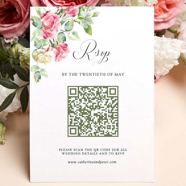 Blush Pink Watercolor Roses QR Code Wedding RSVP Card (Creator Uploaded)