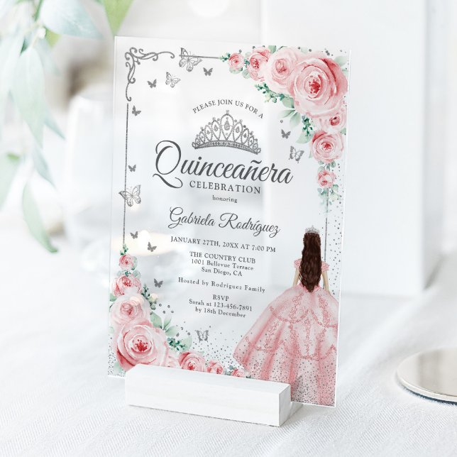 Blush Pink Watercolor Roses Silver Quinceanera Acrylic Invitations (Creator Uploaded)