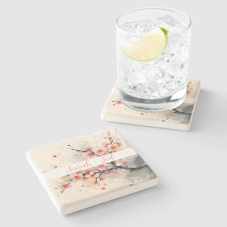 Blush Pink Watercolor Sakura Wedding Stone Coaster