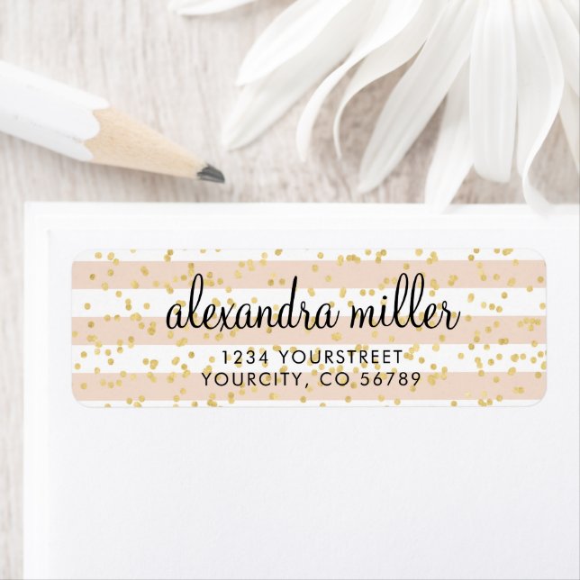 Blush Pink Watercolor Stripes Gold Faux Foil Dots Label (Insitu)