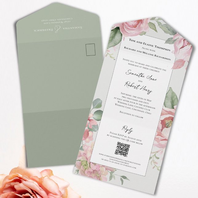 Blush Pink Watercolor Wedding All In One Invitation (Elegant pink floral all in one wedding invitations. )
