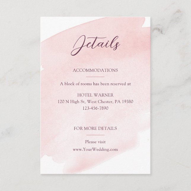 Blush Pink Watercolor Wedding Details Enclosure Card (Front)