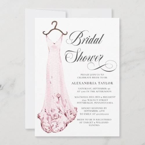 Blush Pink Watercolor Wedding Dress Bridal Shower  Invitation