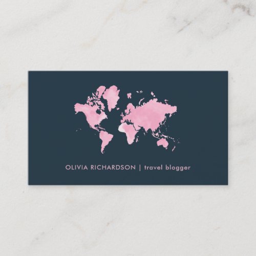Blush Pink Watercolor World Map on Navy Blue Business Card