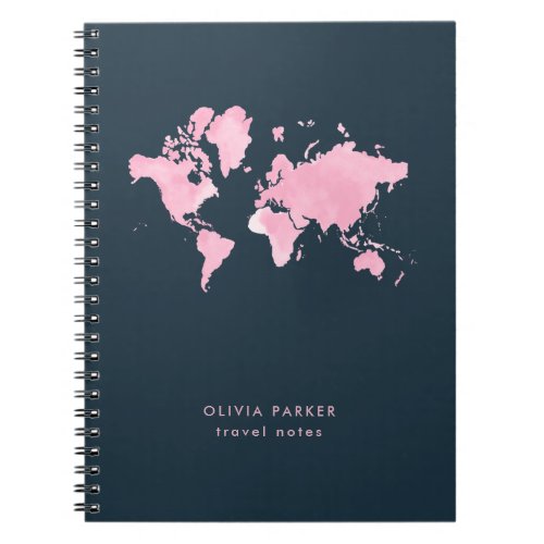 Blush Pink Watercolor World Map on Navy Blue Notebook
