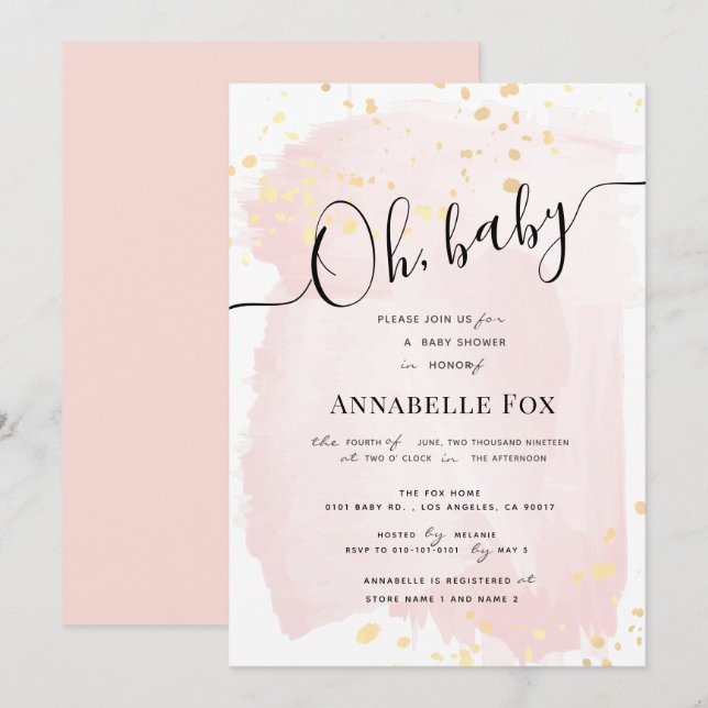 Blush Pink Watercolor x Gold Splatters Baby Shower Invitation (Front/Back)