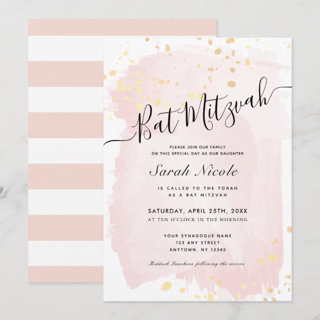 Blush Pink Watercolor x Gold Splatters Bat Mitzvah Invitation (Front/Back)