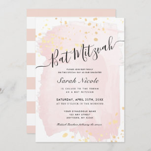Blush Pink Watercolor x Gold Splatters Bat Mitzvah Invitation