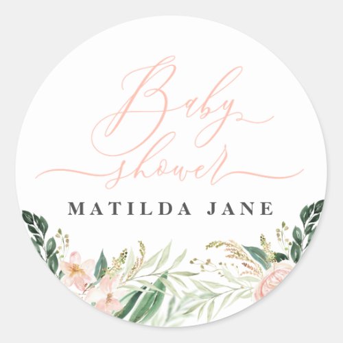 Blush pink watercolour floral baby shower classic round sticker