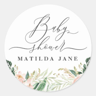 Blush pink watercolour floral baby shower classic round sticker