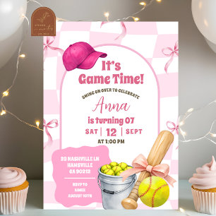 Blush Pink Wavy Retro Bow Softball Birthday Invitation