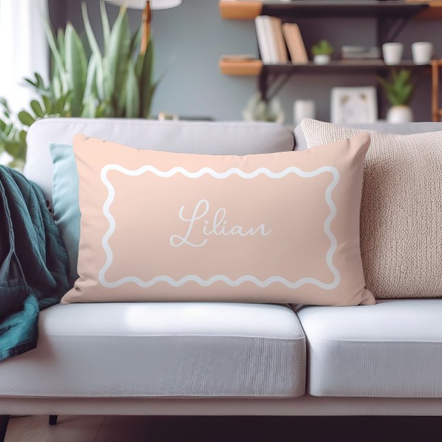 Blush Pink Wavy Scallop Frame Monogram Lumbar Pillow (Creator Uploaded)