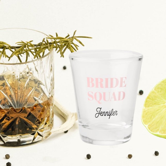 Blush Pink Wedding Bride Squad Personalized Shot Glass (In Situ)