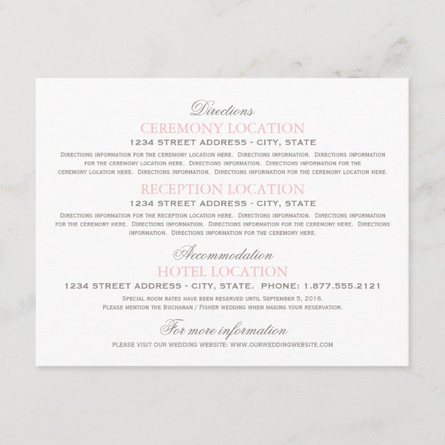 Blush Pink Wedding Details and Directions Enclosure Card (Front)