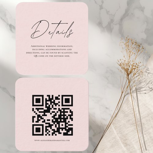 Blush Pink Wedding Details Card with QR Code 