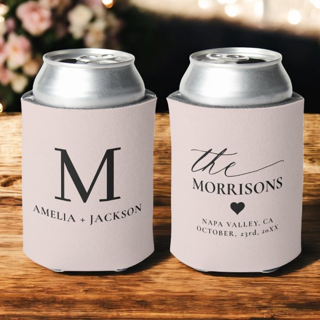 Blush Pink Wedding Favor Monogram Name Heart Can Cooler (Creator Uploaded)