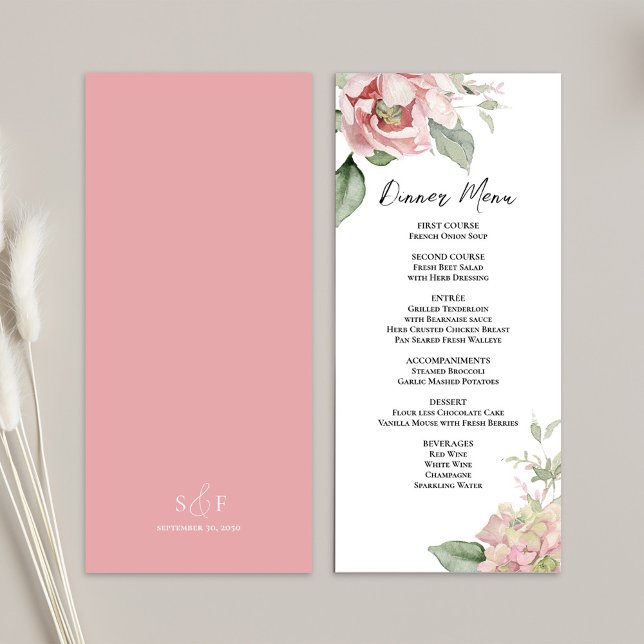 Blush Pink Wedding Floral Dinner Menu (Wedding elegant floral menu card template. )