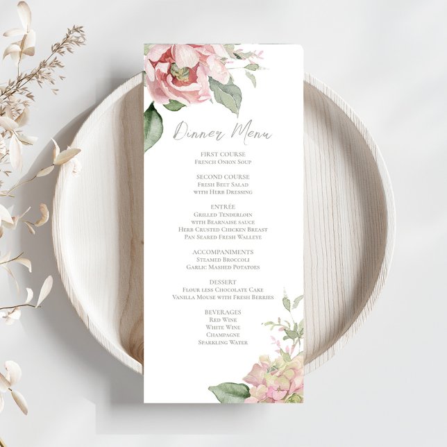 Blush Pink Wedding Floral Dinner Menu (Elegant blush pink floral dinner menu card template. )
