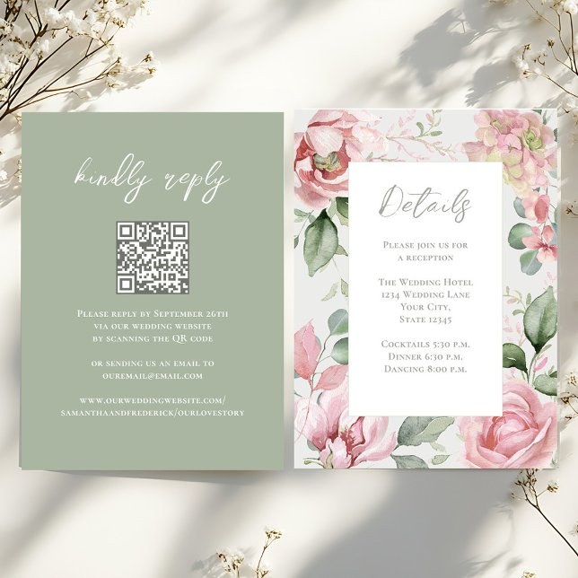 Blush Pink Wedding Floral Reception Enclosure Card (Blush pink floral wedding details card with QR code. )