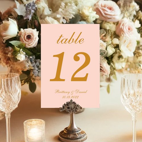Blush Pink Wedding Gold Script Calligraphy Simple Table Number