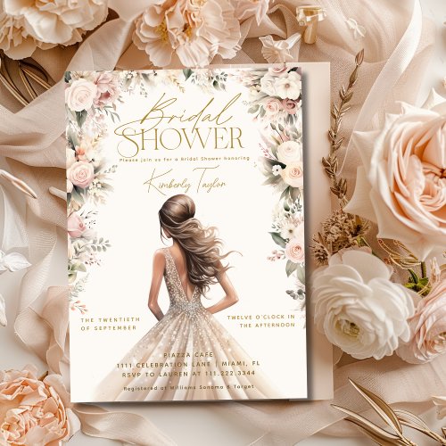 Blush Pink Wedding Gown Dress Floral Bridal Shower Invitation