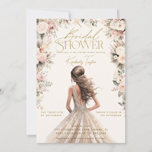 Blush Pink Wedding Gown Dress Floral Bridal Shower Invitation