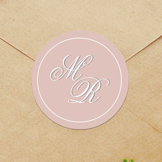 Blush Pink Wedding Monogram Custom Classic Round Sticker (Wedding Monogram Simple Blush Pink Stickers.)
