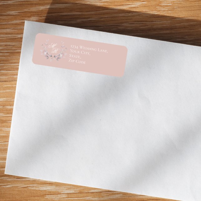 Blush Pink Wedding Monogram Floral Script Label (Blush pink monogram return address label on envelope, soft romantic wedding style)