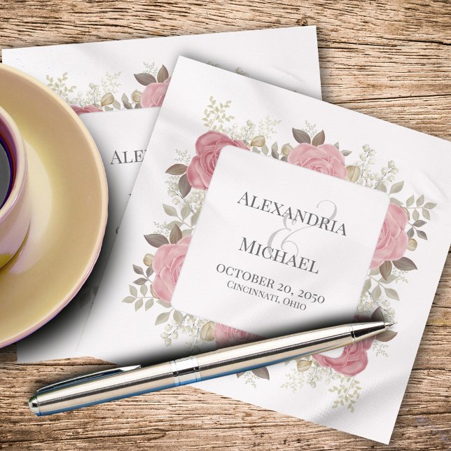 Blush Pink Wedding Personalized Floral Napkins (Custom wedding napkin with elegant blush pink roses and foliage. )
