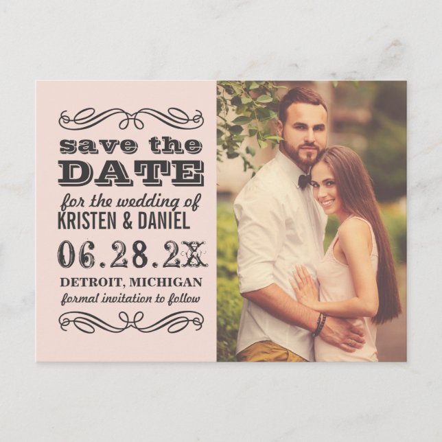 Blush Pink Wedding Photo Save the Date Announcement Postcard (Front)