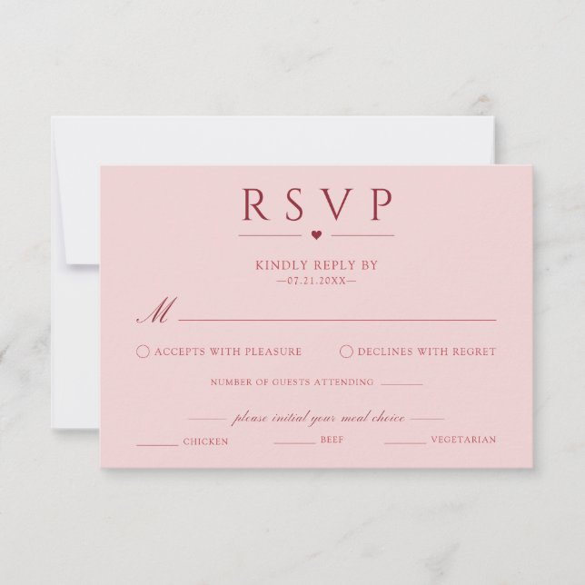 Blush Pink Wedding RSVP Card With Meal Choice (Front)