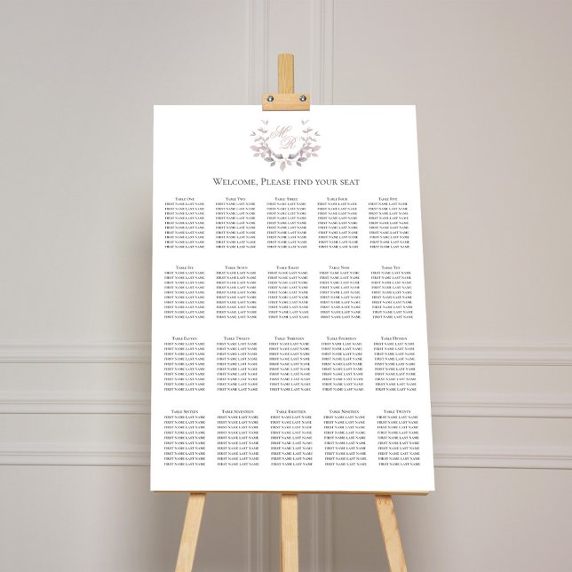 Blush Pink Wedding Seating Chart Calligraphy  Foam Board (Blush pink monogram motif wedding seating chart.)