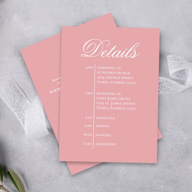 Blush Pink Wedding Timeline Details Simple RSVP Enclosure Card (Blush pink wedding details card with simple timeline.)