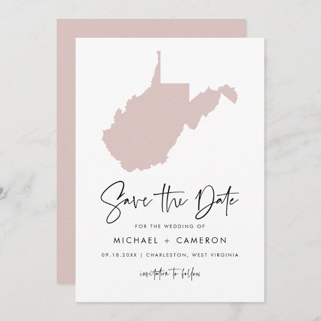 Blush Pink West Virginia Map Minimalist Script Save The Date (Front/Back)