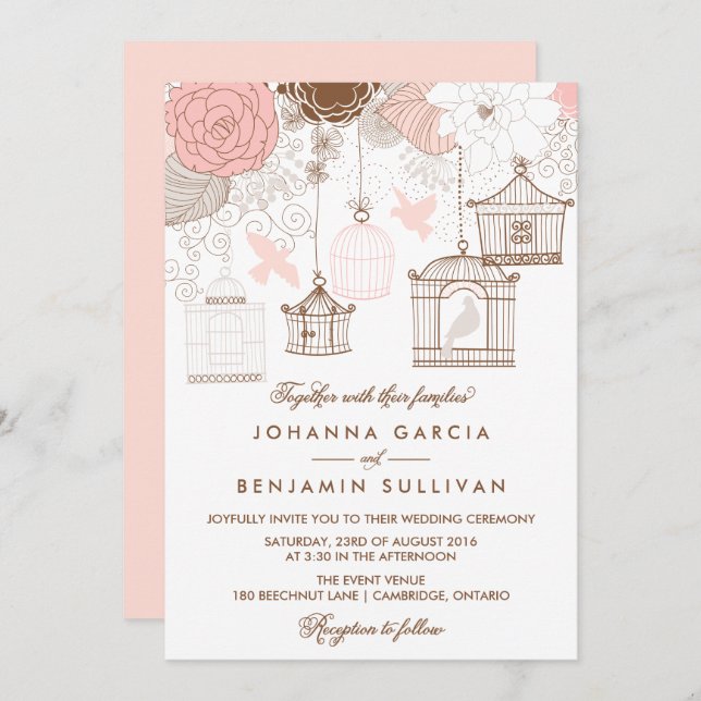Blush Pink Whimsical Birdcages Wedding Invitation (Front/Back)