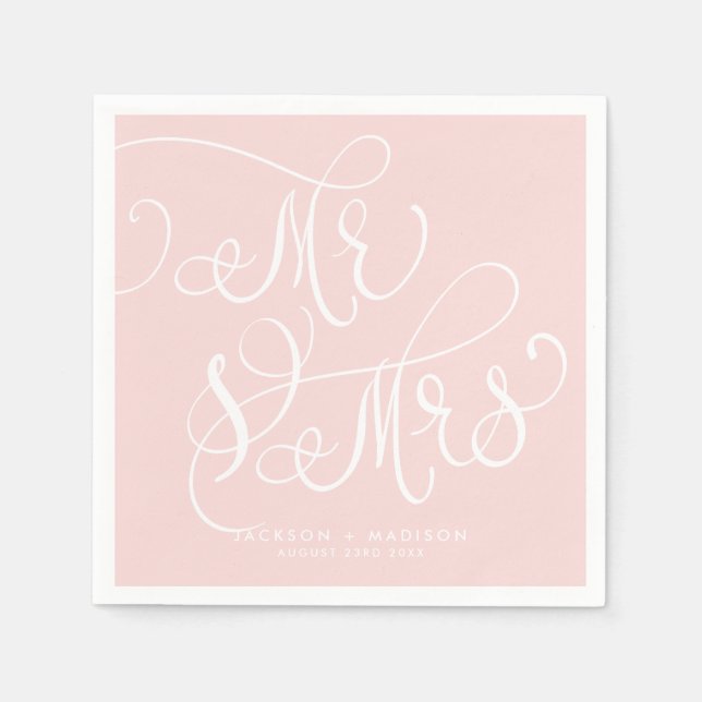 Blush Pink Whimsical Script | Mr and Mrs Wedding Napkins (Front)