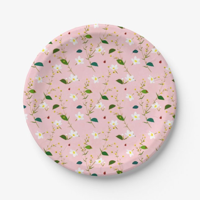 Blush Pink Whimsical Spring Flowers Blossom Paper Plates (Front)