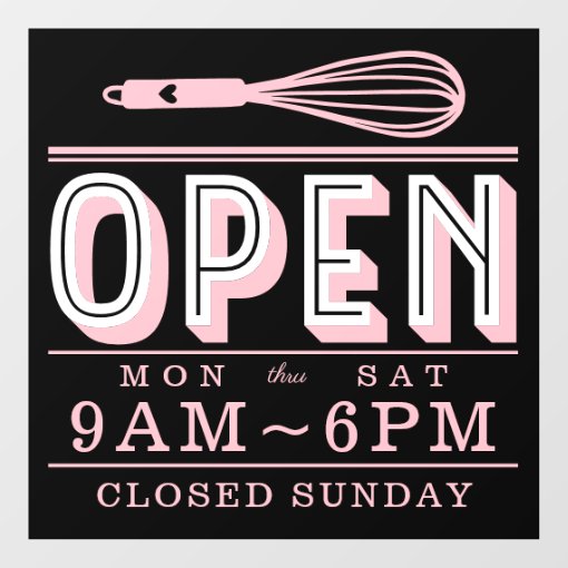Blush Pink Whisk Open Hours Bakery Business Black Window Cling Zazzle