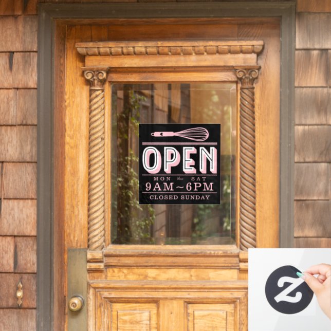 Blush Pink Whisk Open Hours Bakery Business Black Window Cling (Home Door)