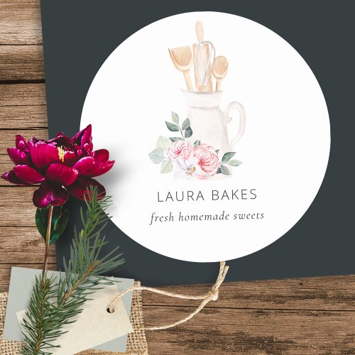 Blush Pink Whisk Spatula Floral Baking Utensils Classic Round Sticker