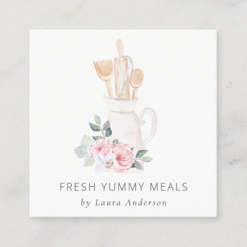 Blush Pink Whisk Spatula Floral Baking Utensils Square Business Card