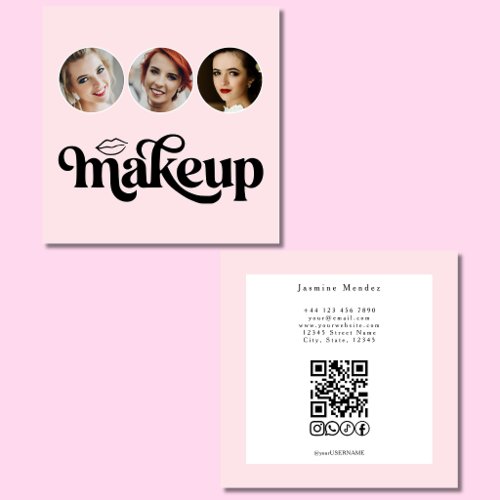 Blush Pink White 3 Photo MUA QR Code Socials Square Business Card