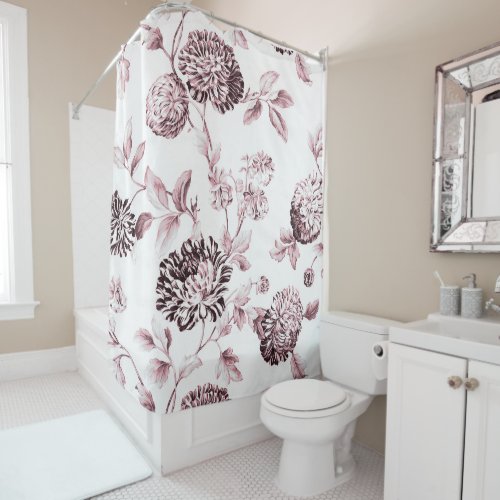 Blush Pink  White Botanical Floral Toile No2 Shower Curtain