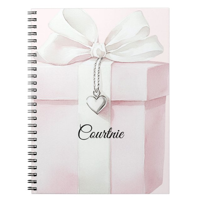Blush Pink White Bow Gift Heart Charm Notebook (Front)