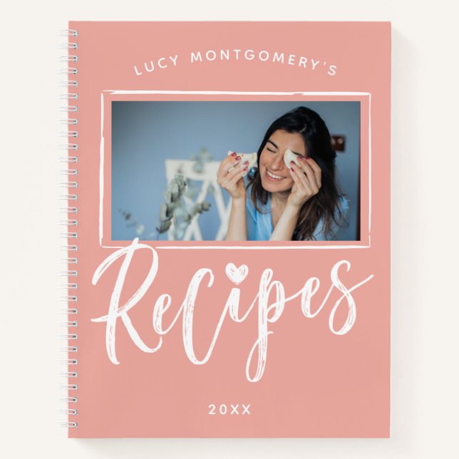 Blush Pink White Brush Script Recipes Photo Notebook (Front)