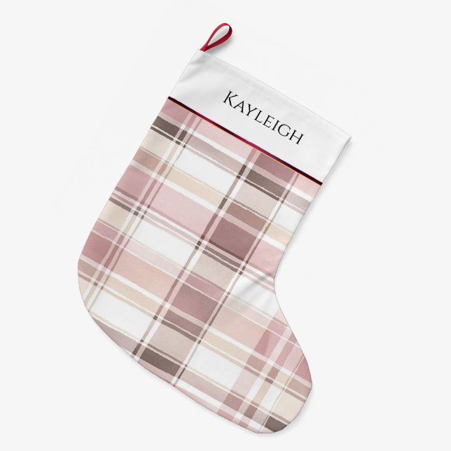 Blush pink white burgundy plaid stripes Christmas Large Christmas Stocking (Front (Hanging))