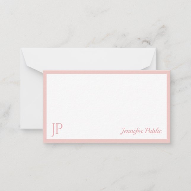Blush Pink White Calligraphy Script Monogrammed Note Card (Front)
