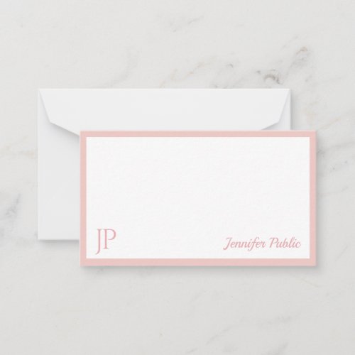 Blush Pink White Calligraphy Script Monogrammed Note Card