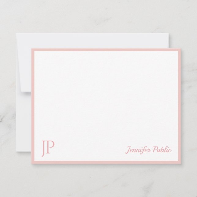 Blush Pink White Chic Handwritten Script Monogram Note Card (Front)