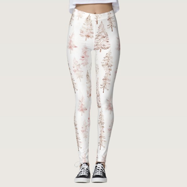 Blush pink white Christmas trees Leggings (Front)
